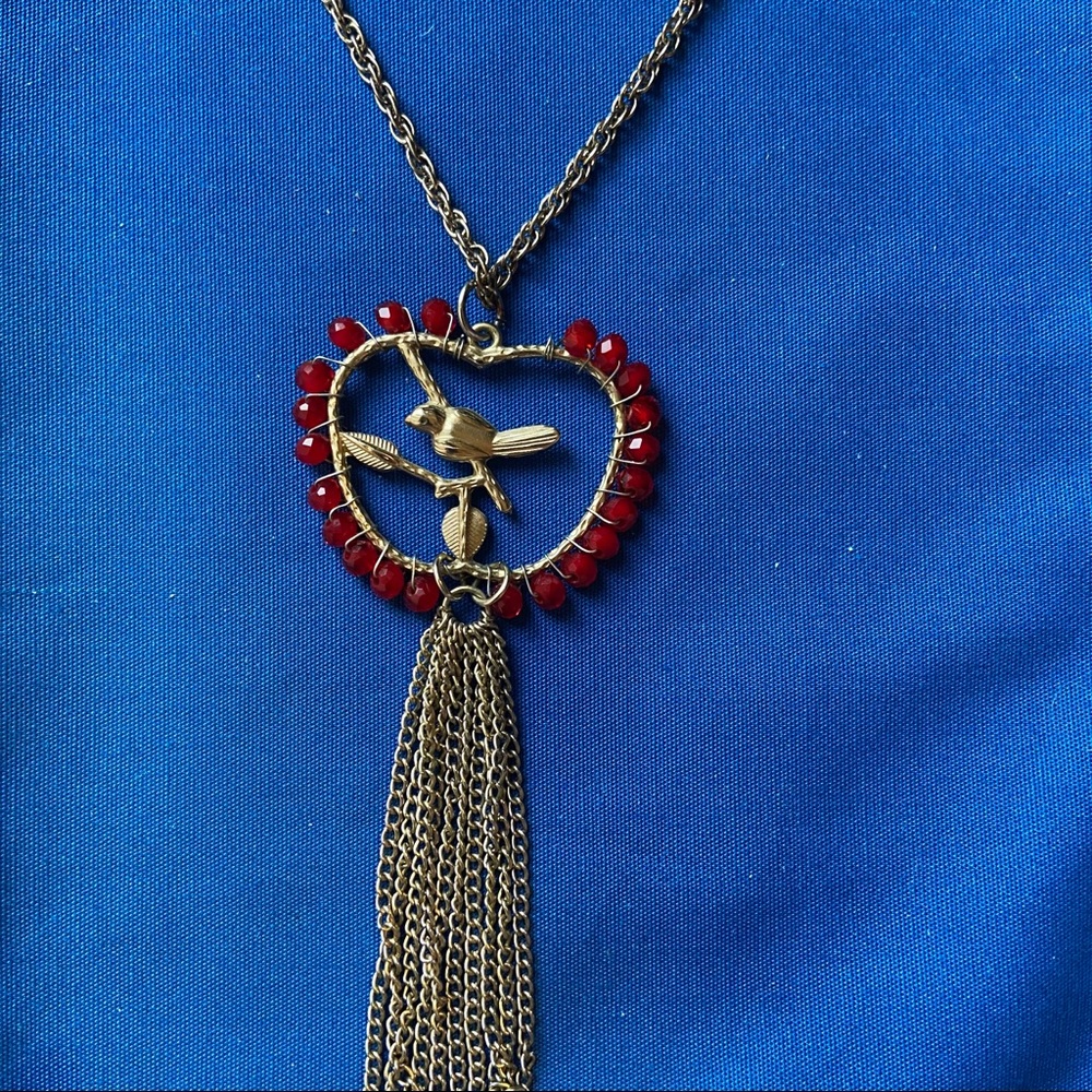 Gold Bird Tassel Necklace with Red Beading